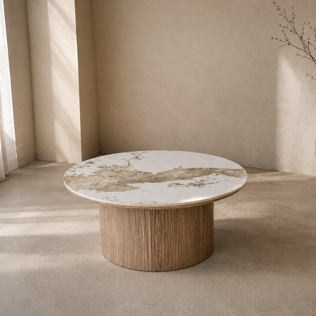 A round coffee table with a white marble top featuring gold and gray veining, supported by a fluted light oak wood base, set in a minimalist beige room.