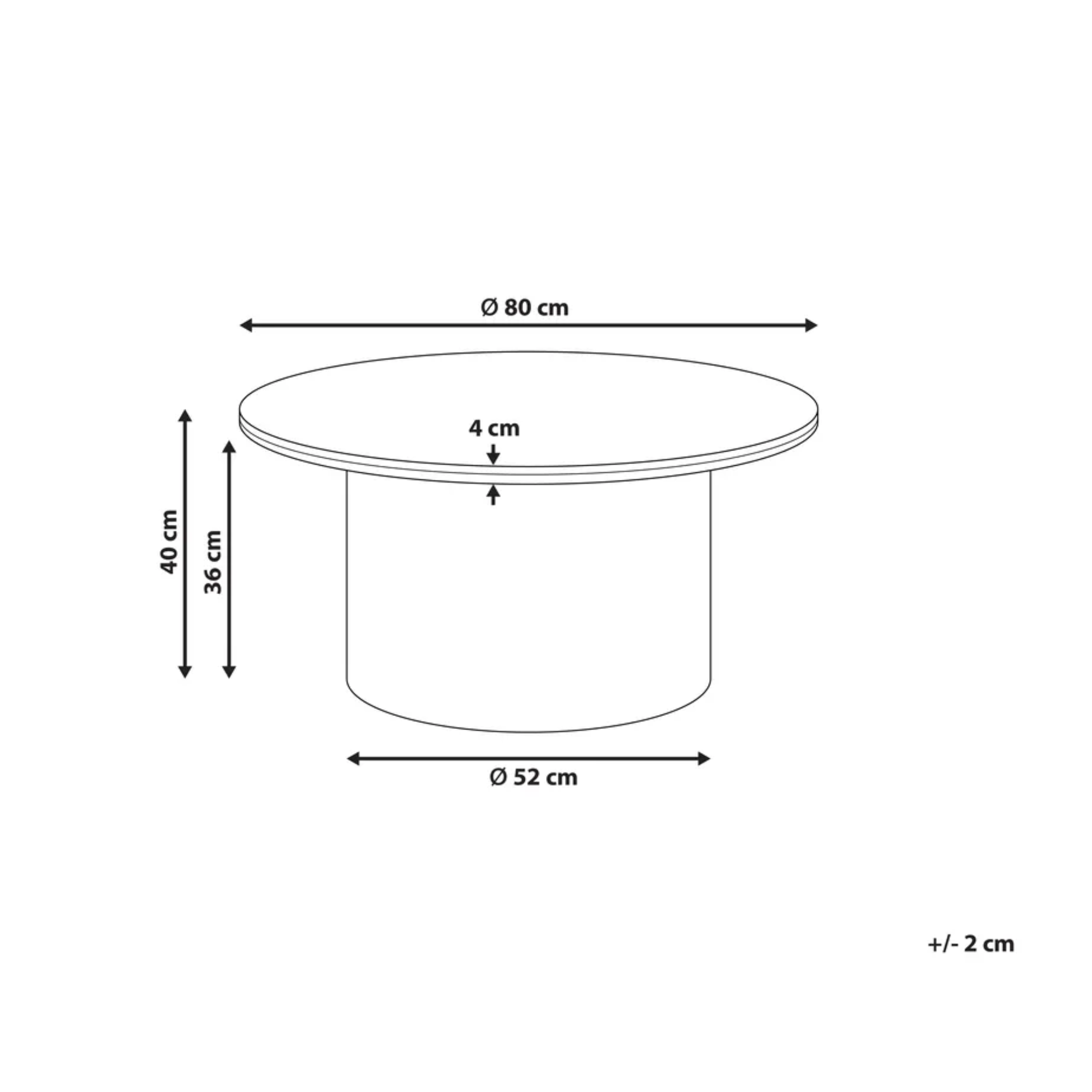 A black and white line drawing showing the dimensions of a round pedestal table, with labels indicating a top diameter of 80 cm, a base diameter of 52 cm, a height of 36 cm, and a total height of 40 cm.