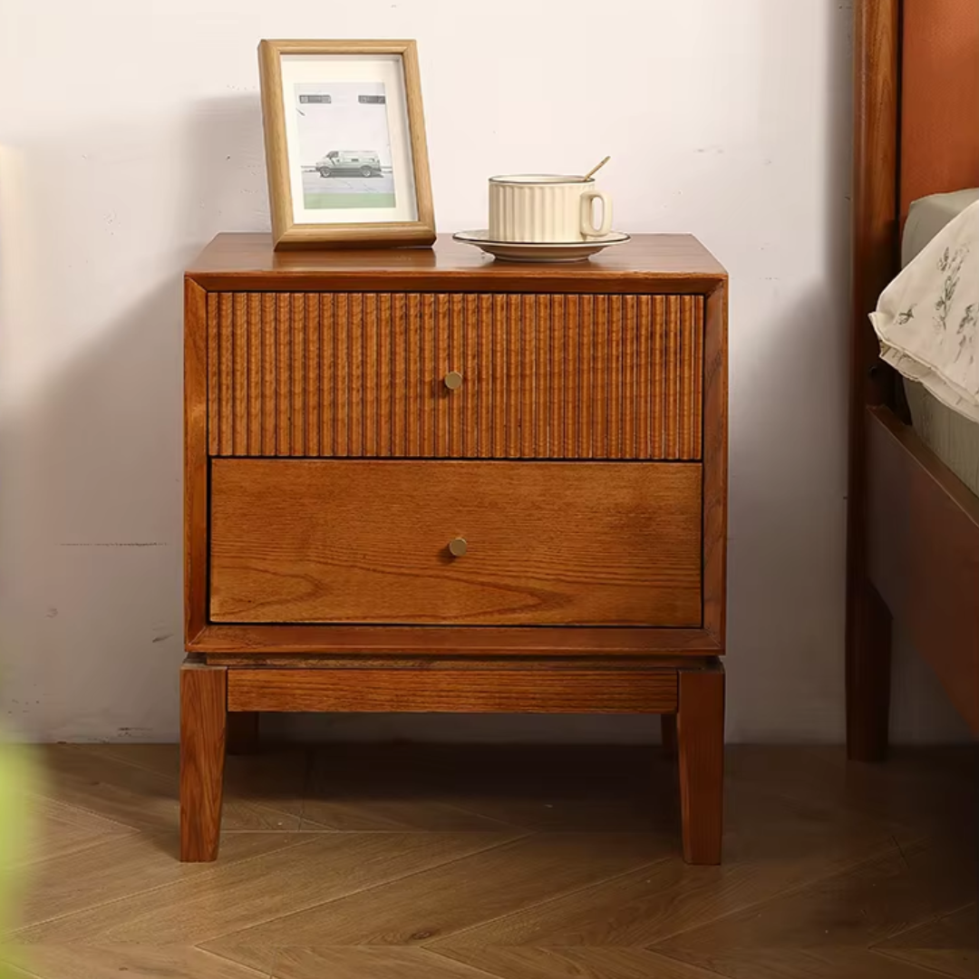 Retro Solid Wood Bedside Table With Two Drawers, a framed picture, and a cup on top in a bedroom setting.