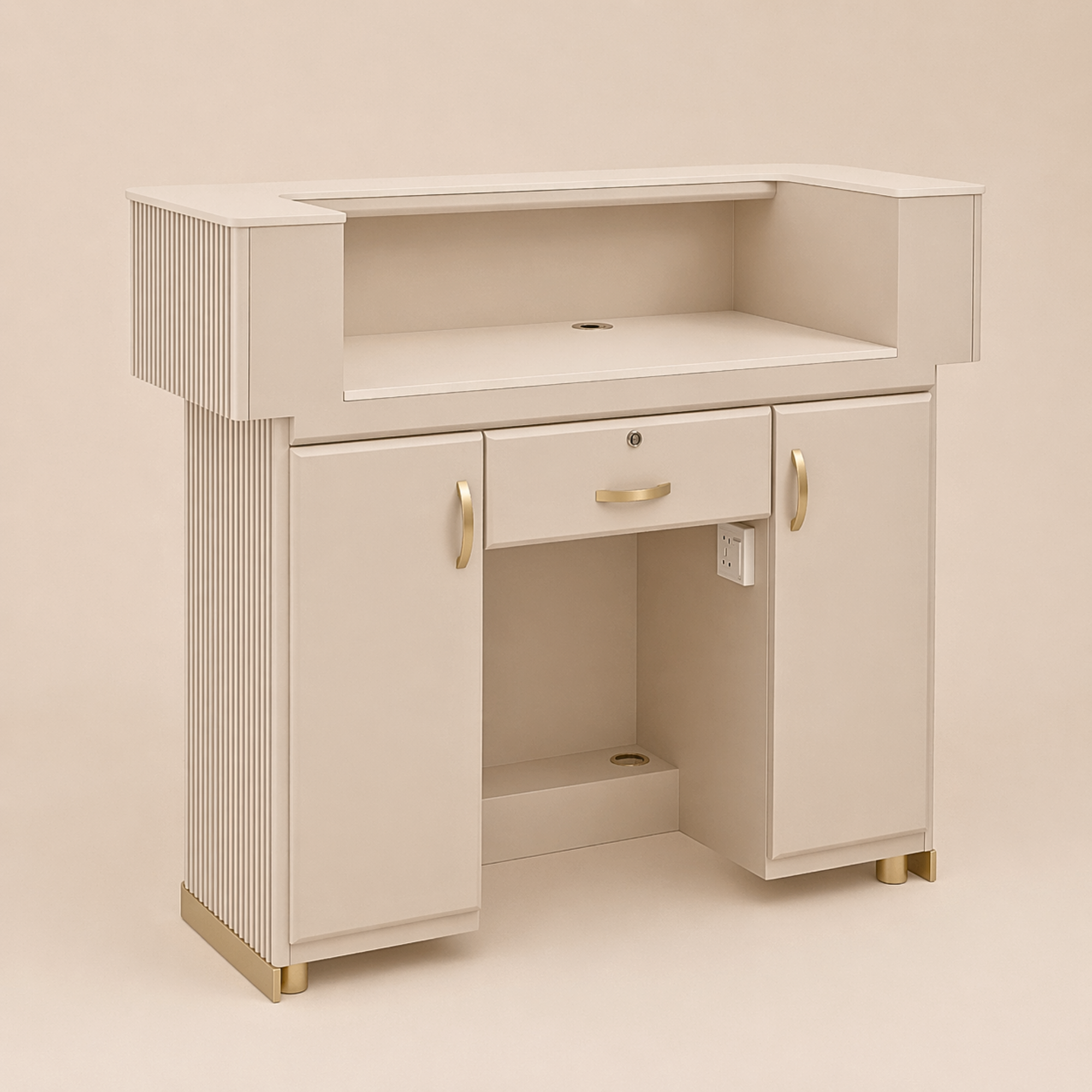 Beige desk with a shelf and storage compartments on a beige background