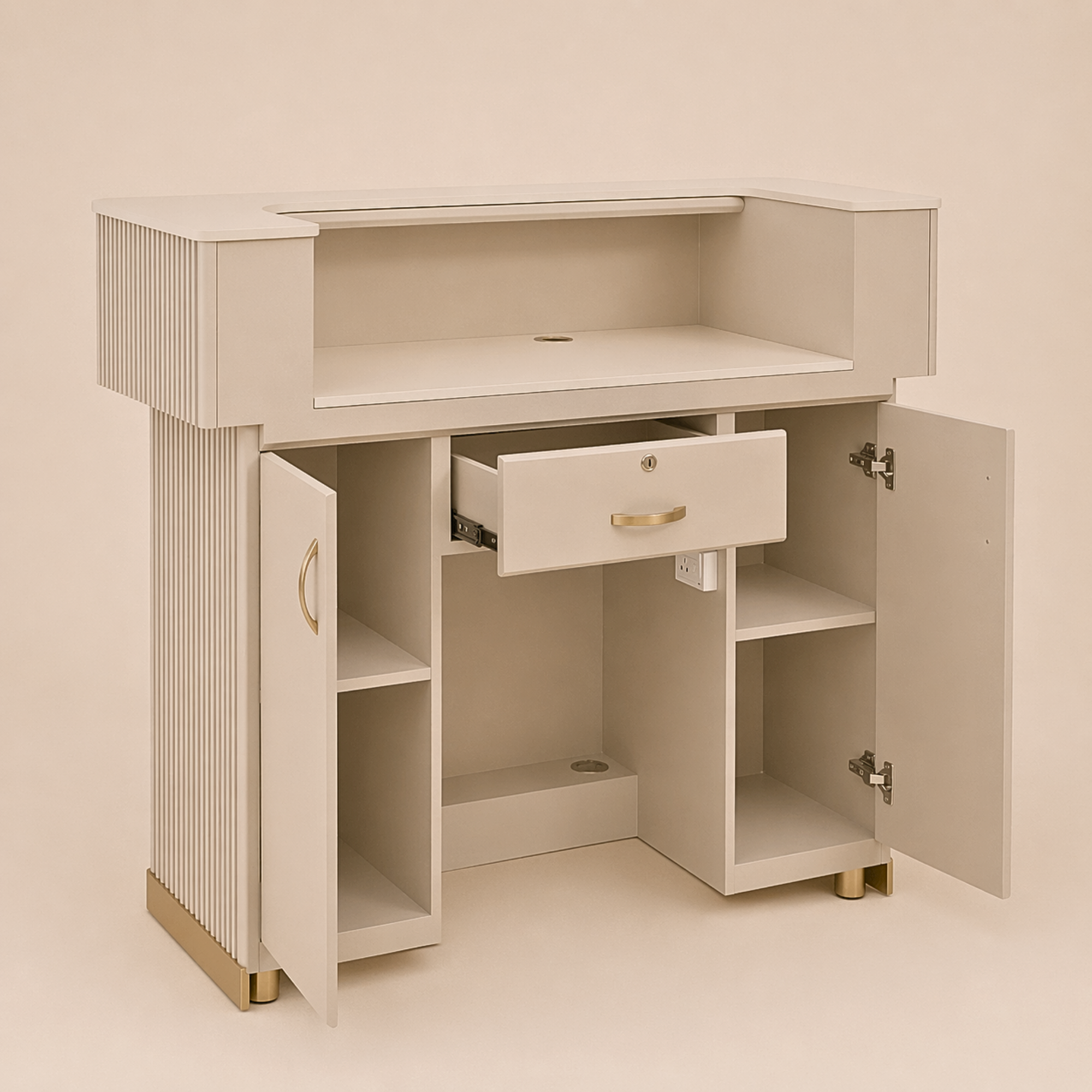 Beige cabinet with open doors and a drawer on a beige background