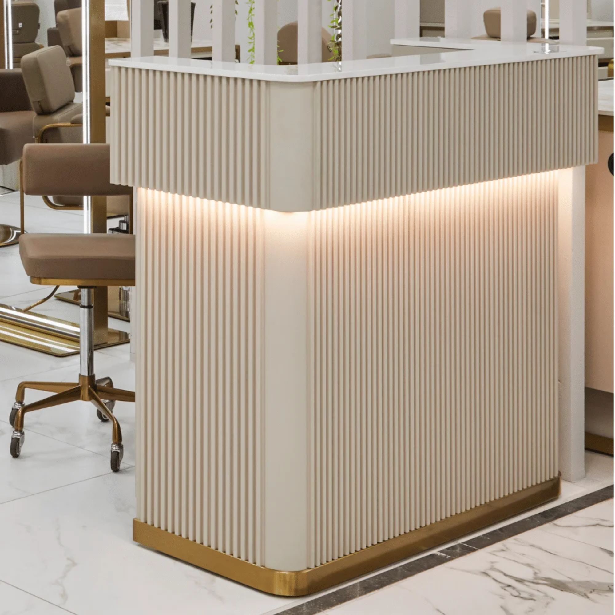 Modern reception desk with ribbed design and LED lighting in a stylish salon interior setting.