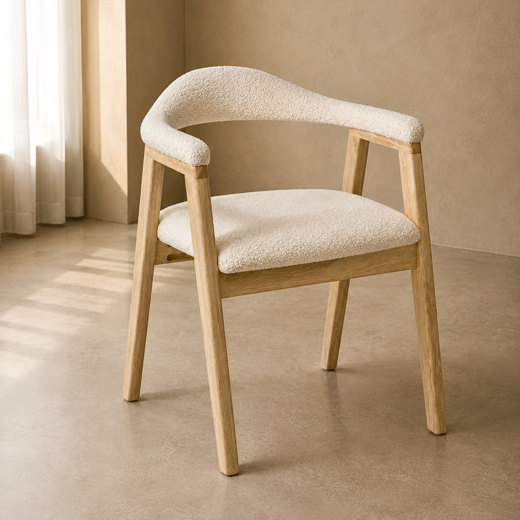 A modern wooden dining chair with a curved backrest and armrests, upholstered in a textured cream bouclé fabric, set in a minimalist beige room.