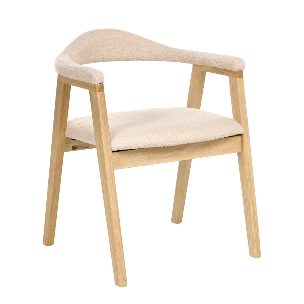 A modern dining chair with a light natural wood frame and cream-colored textured fabric upholstery on the curved backrest and seat cushion, shown against a plain white background.