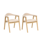 Two modern dining chairs with light natural wood frames and beige upholstered seats and armrests, shown on a plain white background.