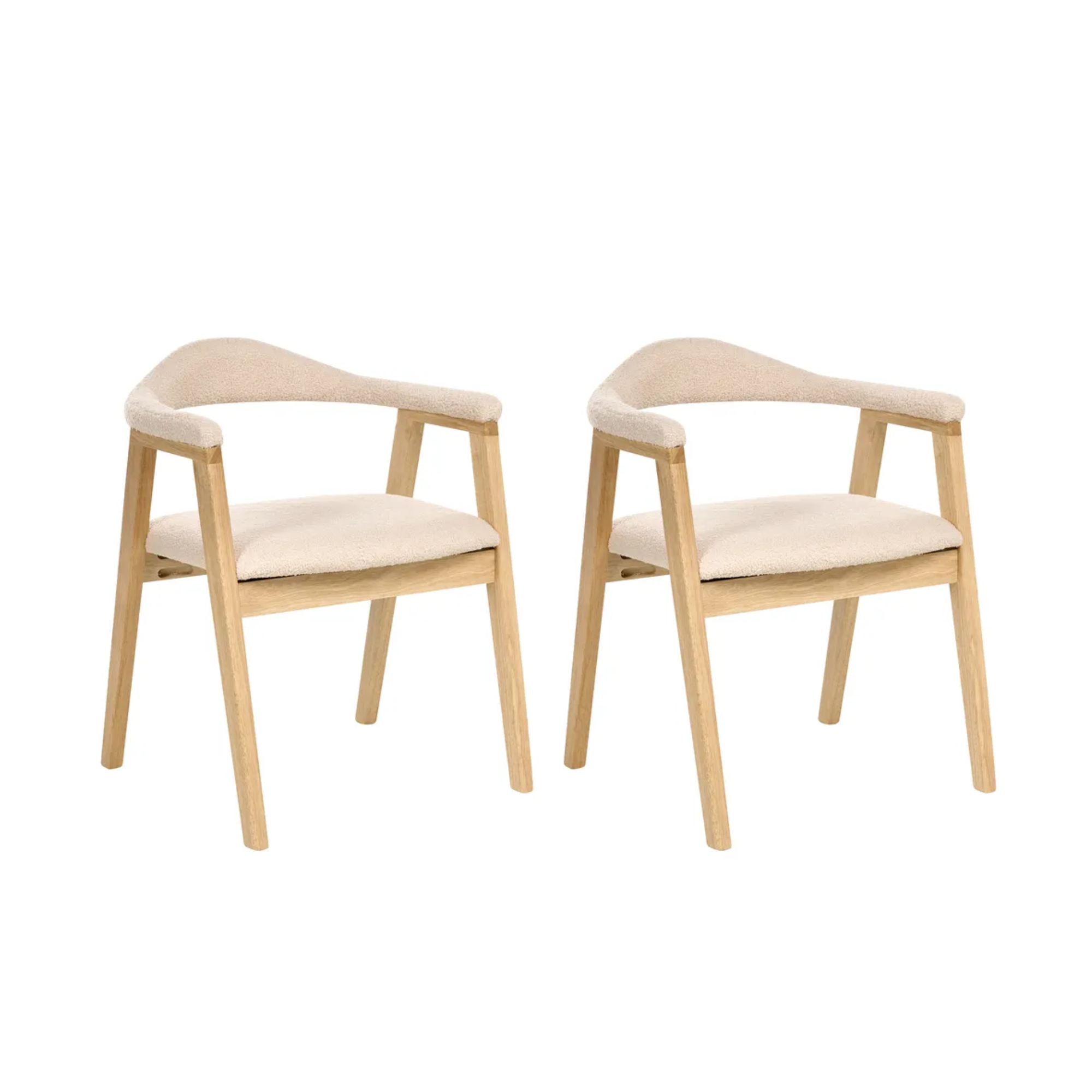 Two modern dining chairs with light natural wood frames and beige upholstered seats and armrests, shown on a plain white background.