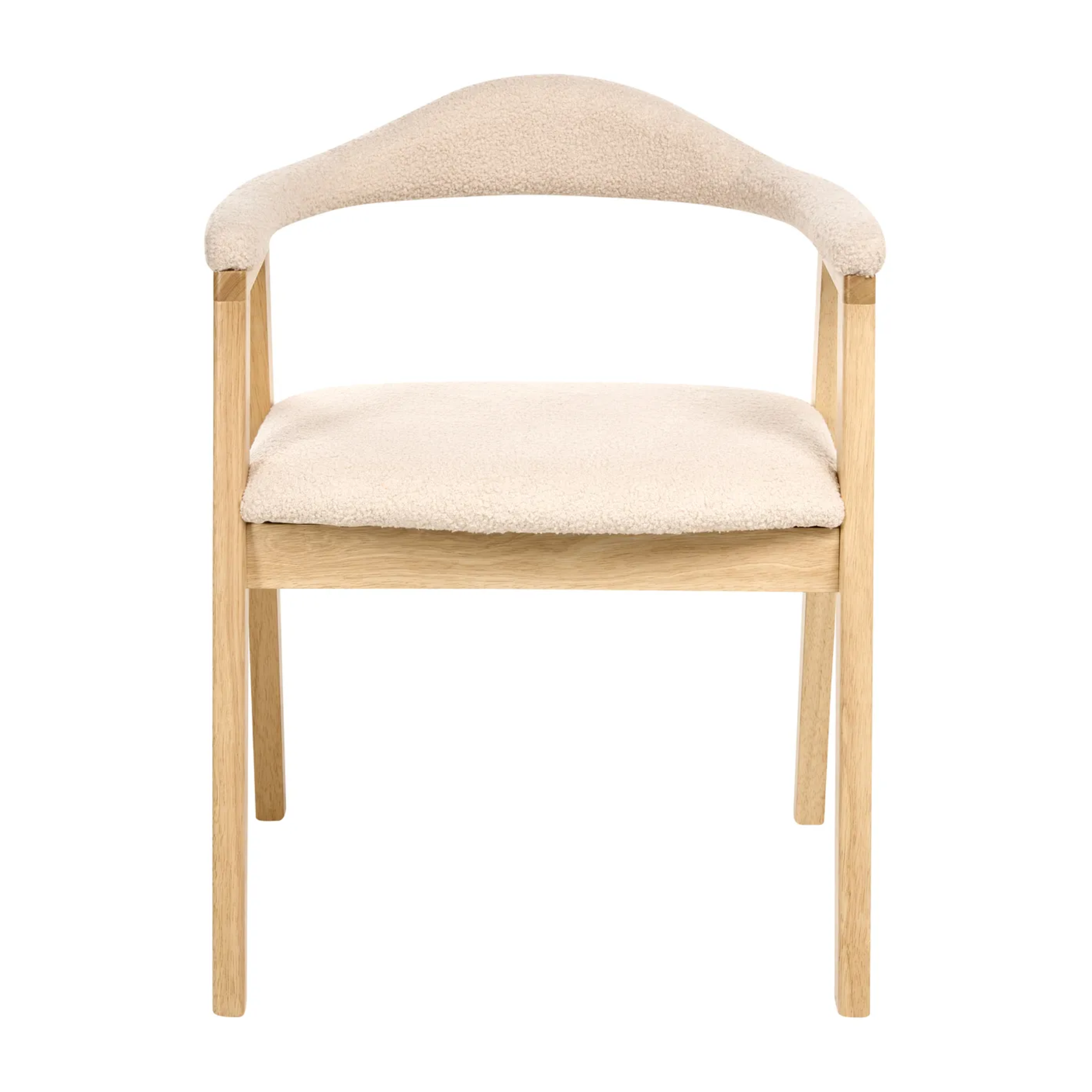 A modern dining chair with a light natural wood frame and plush cream-colored fabric upholstery on the seat and curved backrest, shown against a solid white background.