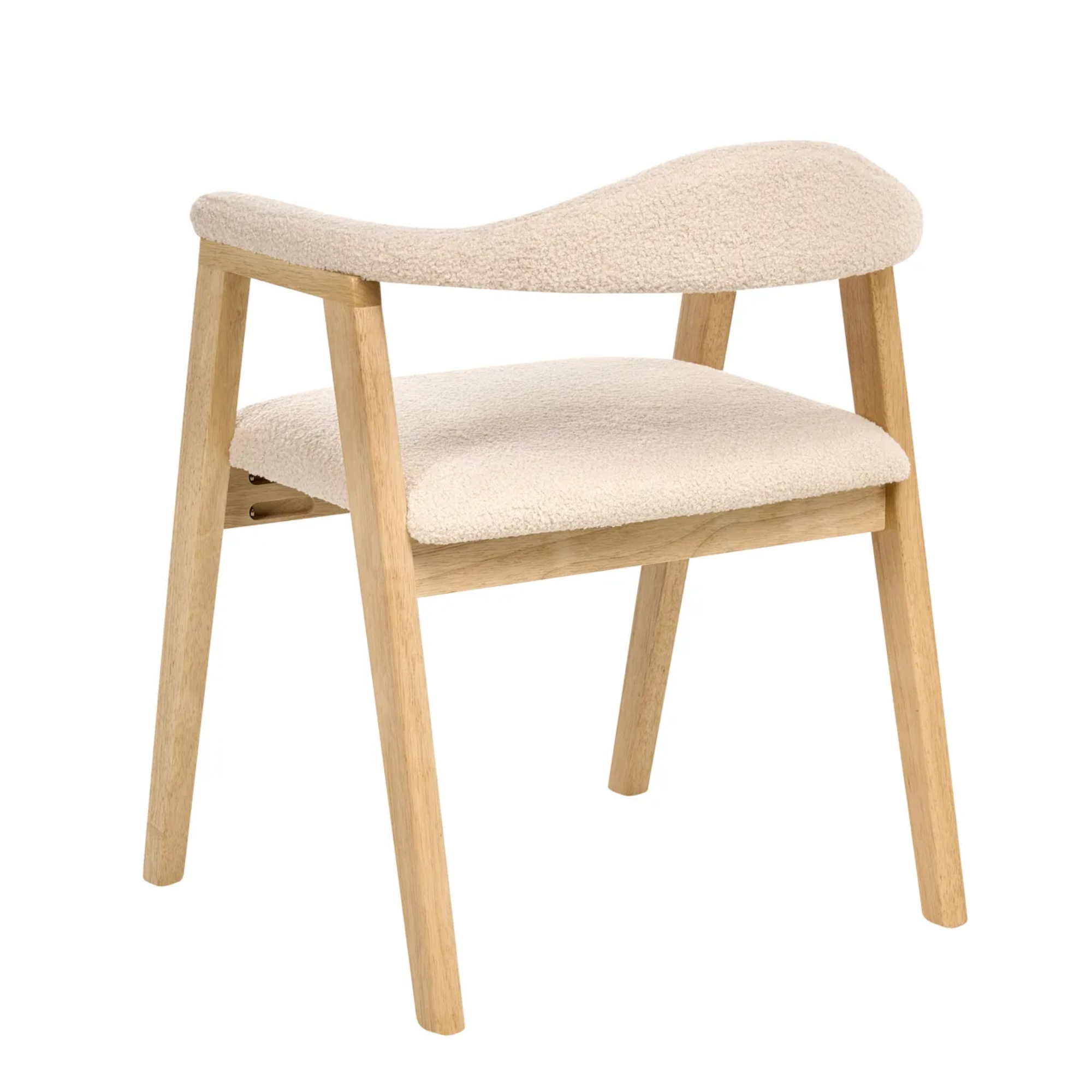A modern dining chair with a light natural wood frame and cream-colored bouclé upholstered seat and curved backrest, shown on a solid white background.