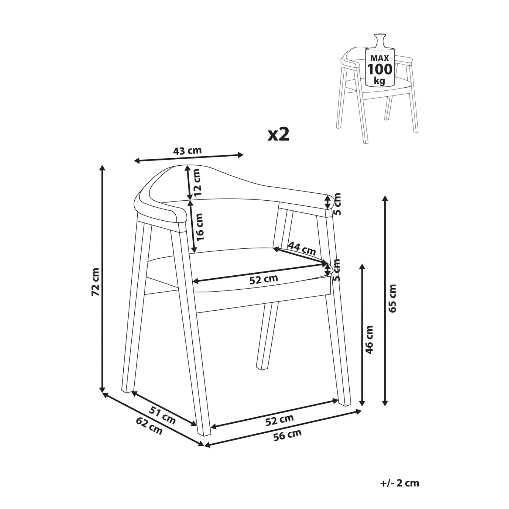 Black and white line drawing of a chair with multiple dimension callouts (72 cm, 52 cm, 65 cm, etc.) and a small inset showing the chair from above with a weight limit of 100 kg.