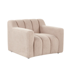 A modern armchair upholstered in a textured beige bouclé fabric, featuring vertical channel tufting on the backrest and seat, set against a plain white background.