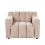 A modern upholstered armchair with a textured bouclé fabric in a light beige color, featuring vertical channel tufting on the backrest and seat, set against a plain white background.