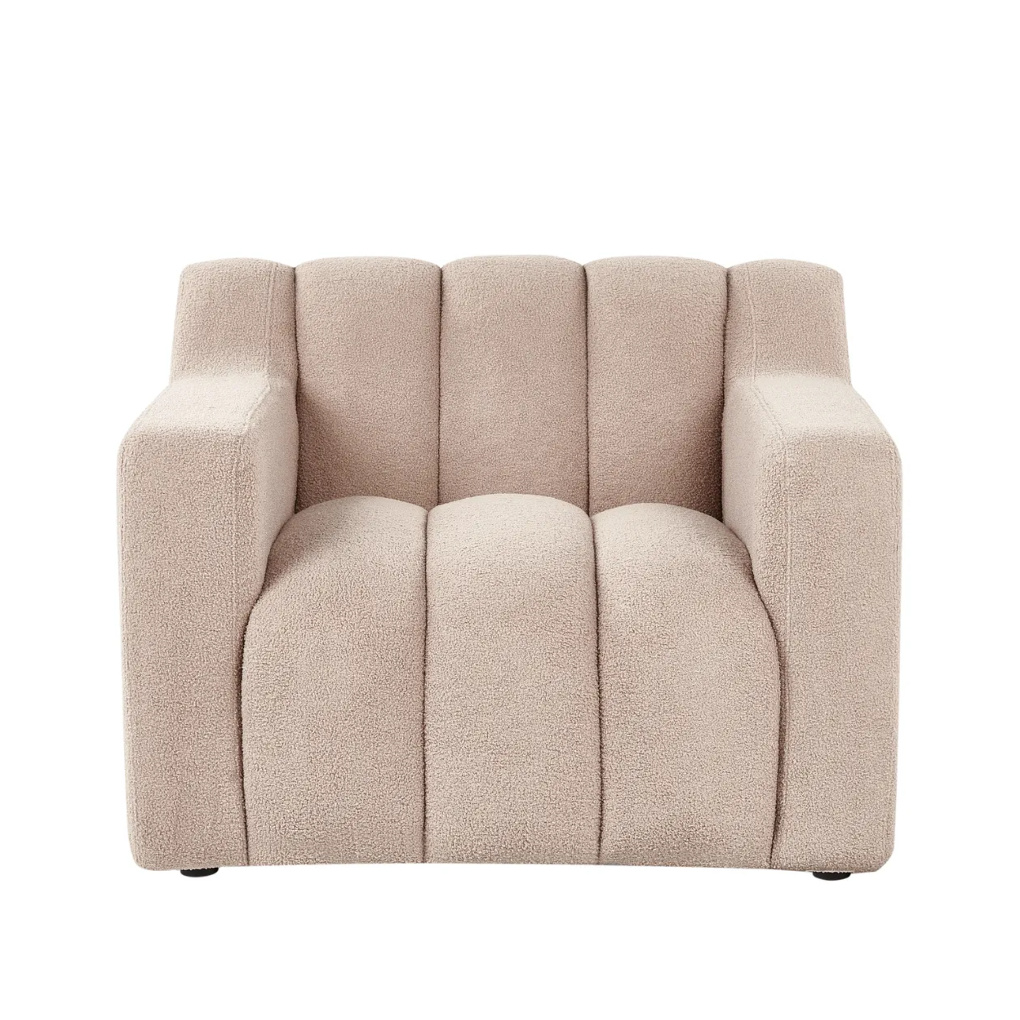 A modern upholstered armchair with a textured bouclé fabric in a light beige color, featuring vertical channel tufting on the backrest and seat, set against a plain white background.