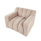 A modern low-profile armchair upholstered in a textured light beige fabric, featuring vertical channel tufting on the backrest and seat, set against a plain white background.