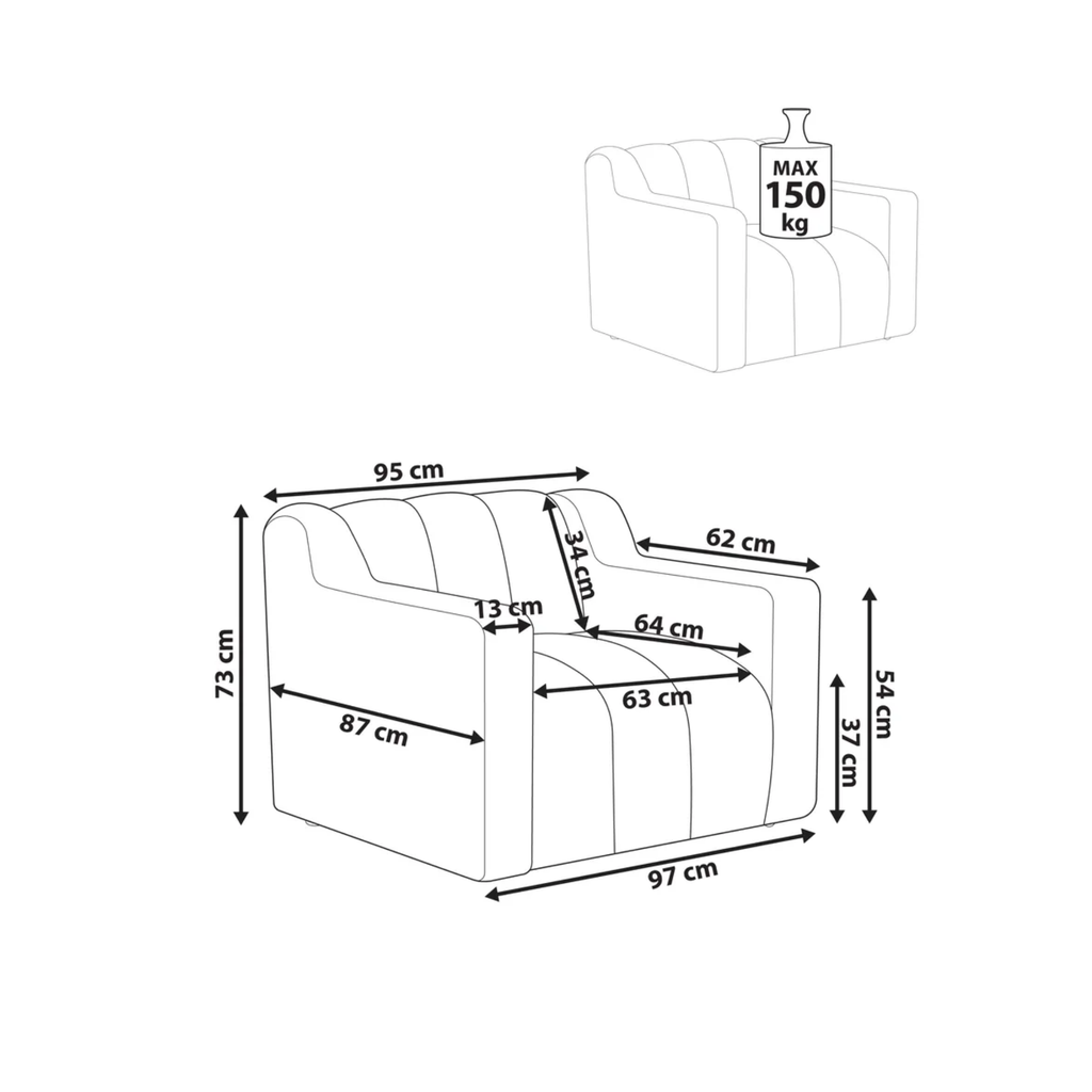 Black and white line drawing of an armchair with multiple dimension labels and arrows showing measurements, plus a small inset of the chair with a 'MAX 150 kg' label.