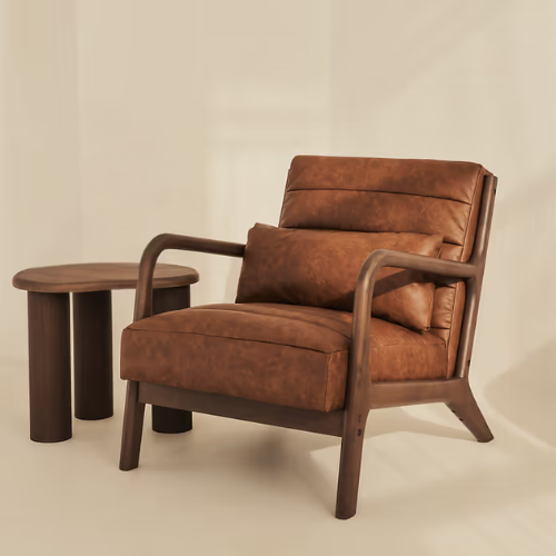  Brown Leather Accent Chair With Wood Frame side view