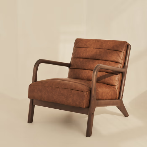  Brown Leather Accent Chair With Wood Frame front view