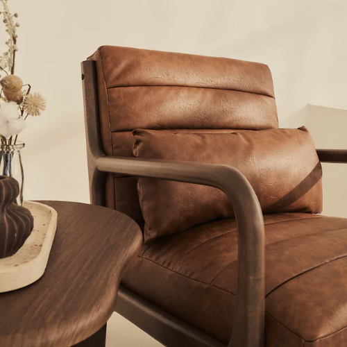  Brown Leather Accent Chair With Wood Frame close up of the leather cushion