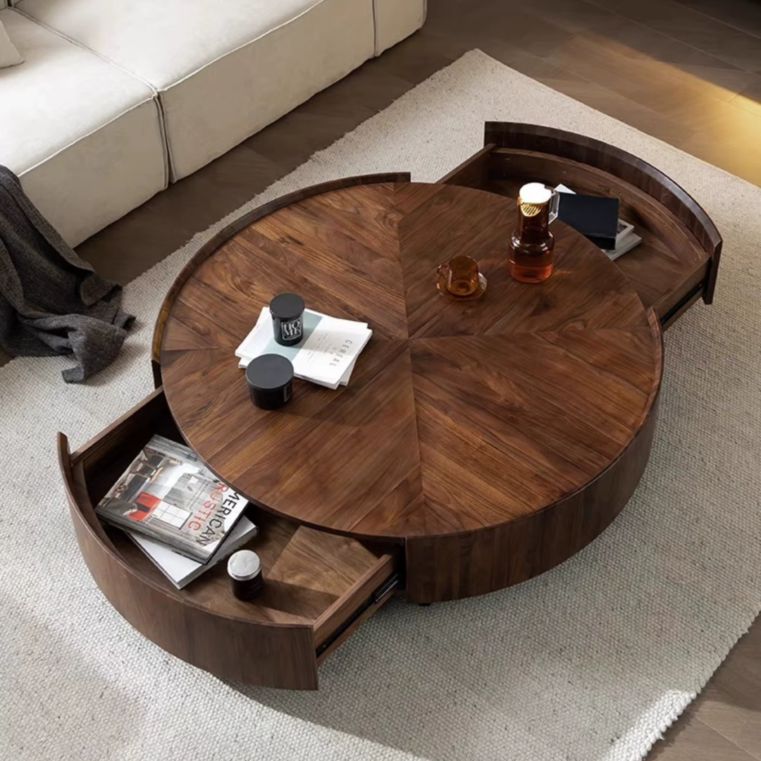 Round Walnut Wood Coffee Table with storage compartments in a living room setting