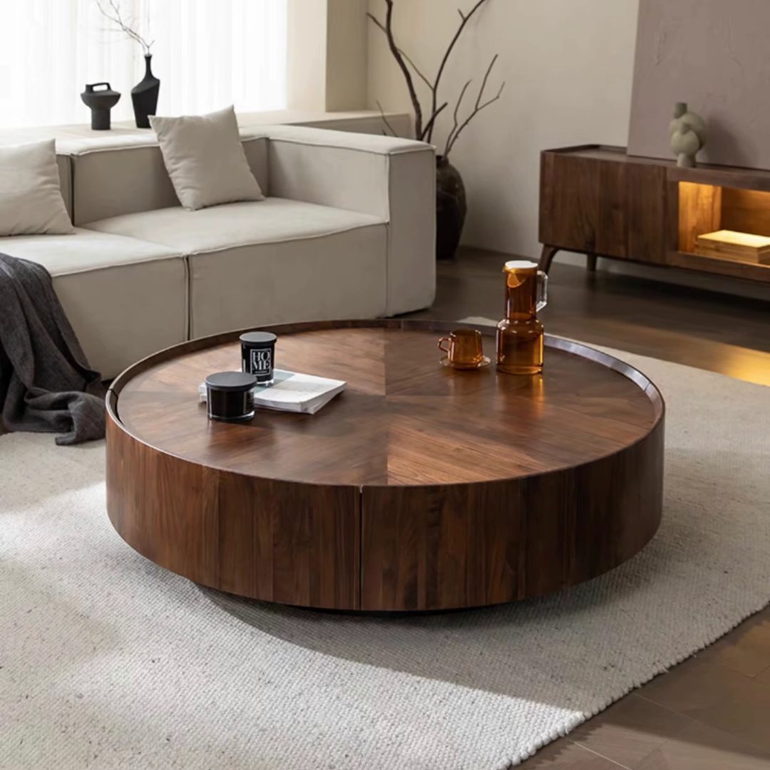 Round Walnut Wood Coffee Table with Hidden Storage in a living room with drinks and snacks