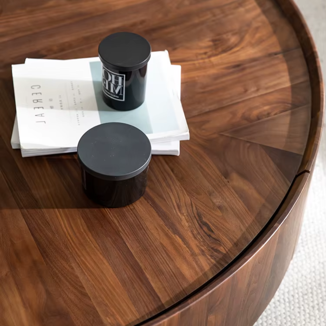 Round Walnut Wood Coffee Table with Hidden Storage