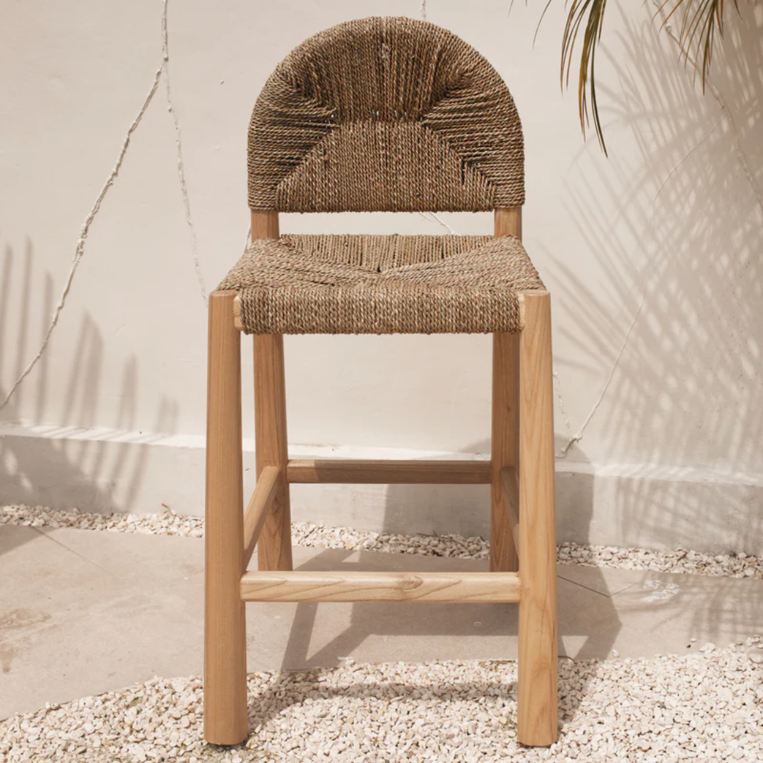woven and Wooden bar Stool With Curved Back on a light background
