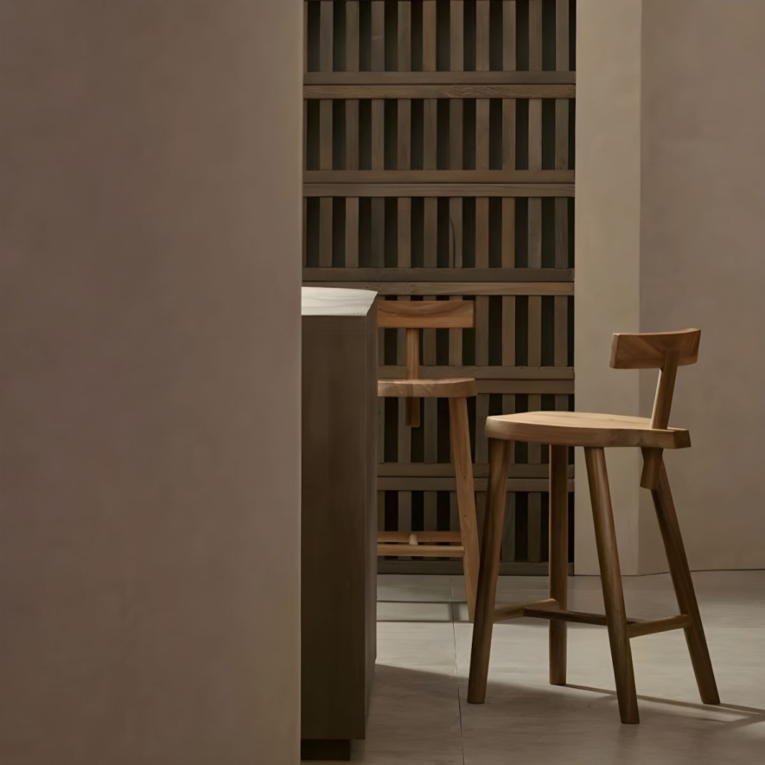 two Dark Wood Bar Stool With Back around a rustic kitchen island