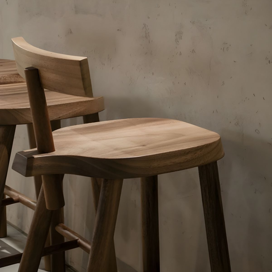 close up of the Dark Wood Bar Stool With Back 