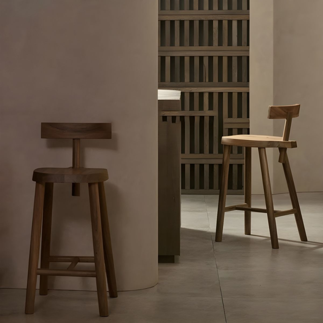  Dark Wood Bar Stool With Back front view and side view