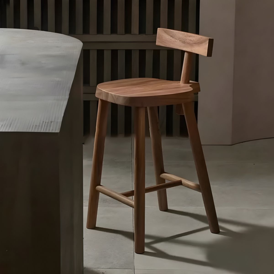 Dark Wood Bar Stool With Back around a rustic kitchen island
