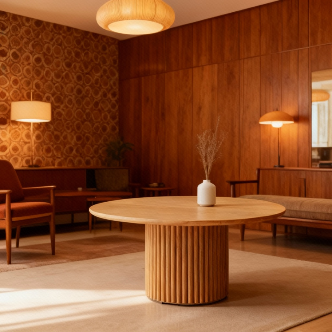 Oak Round Coffee Table with Fluted Base in a room with wooden walls and patterned wallpaper.