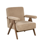 A mid-century modern accent chair with beige bouclé upholstery and a dark brown wooden frame, shown against a plain white background.