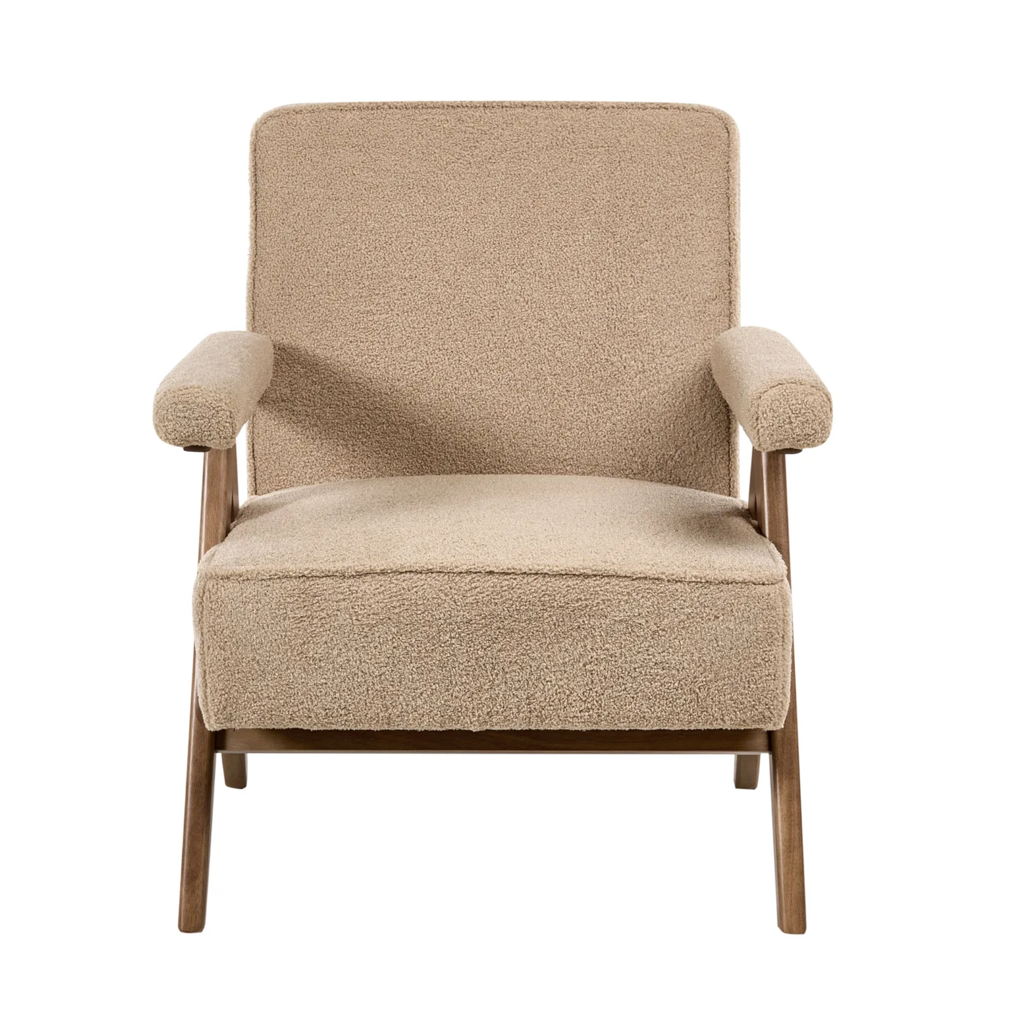 A modern armchair with textured beige bouclé upholstery and a medium brown wooden frame, shown from a front-facing perspective on a solid white background.