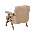A mid-century modern accent chair with textured beige bouclé upholstery and a dark brown wooden frame with angled legs, shown from a three-quarters angle on a white background.