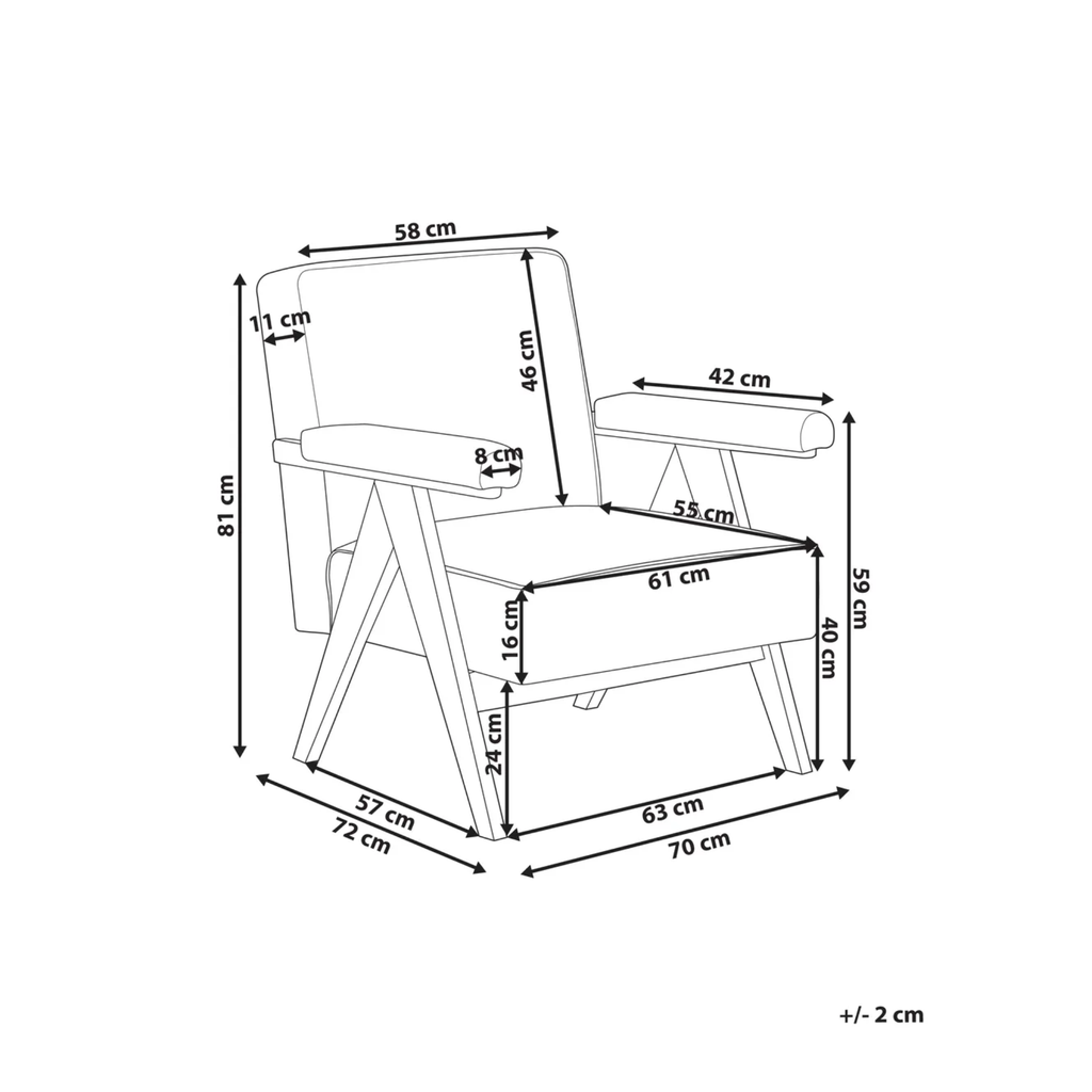 Black and white line drawing of an armchair with all major dimensions labeled in centimeters, including height, width, and depth measurements.