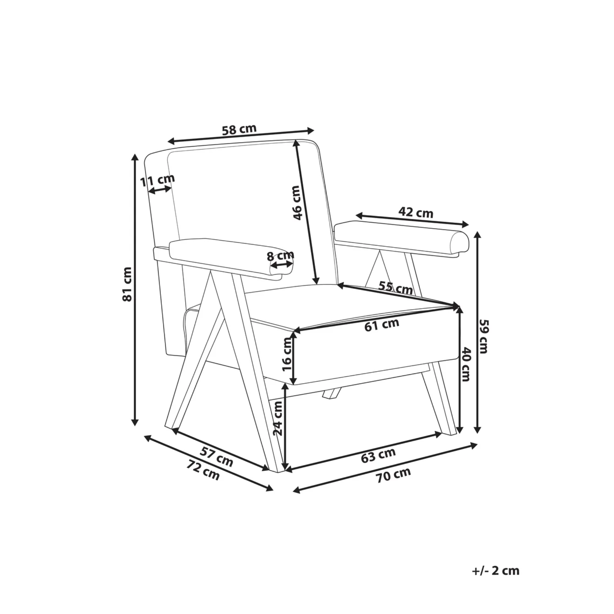 Black and white line drawing of an armchair with all major dimensions labeled in centimeters, including height, width, and depth measurements.