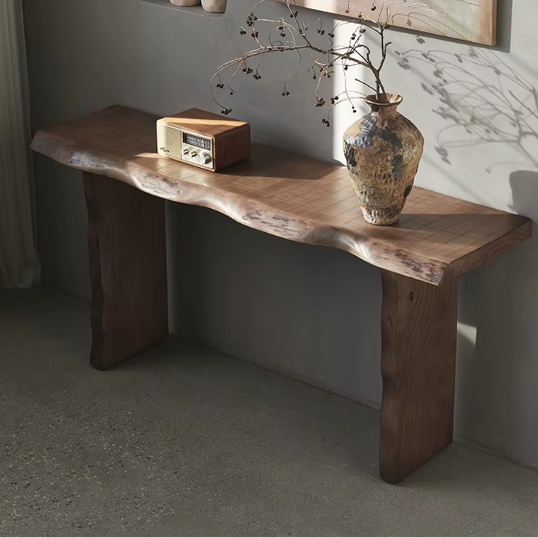 Rustic Chunky Wood Console Table with a radio and vase against a gray wall