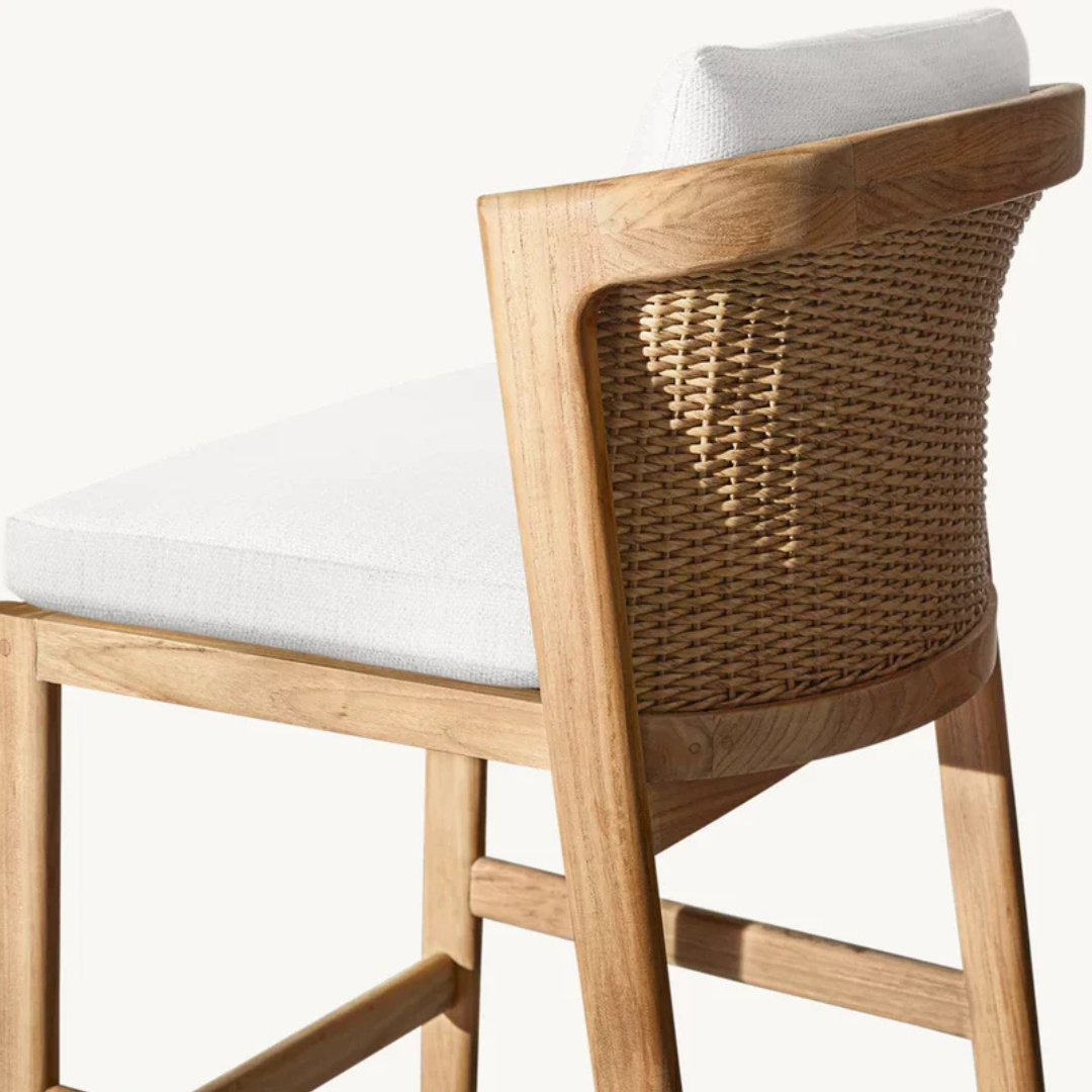  Rattan Bar Stool with White Cushion close up of the detailing