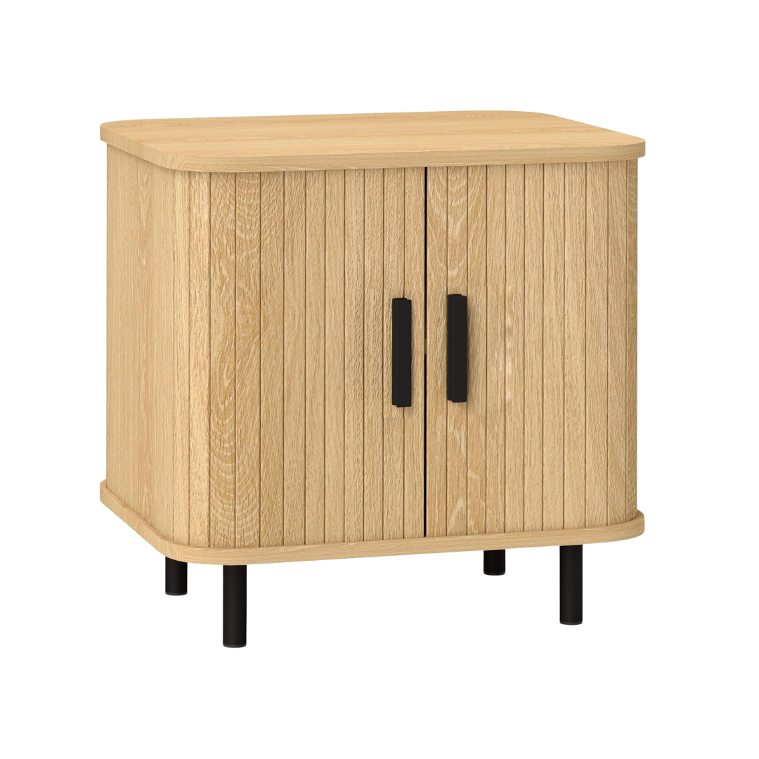Light Oak Ribbed Bedside Table with two doors and black handles on a white background