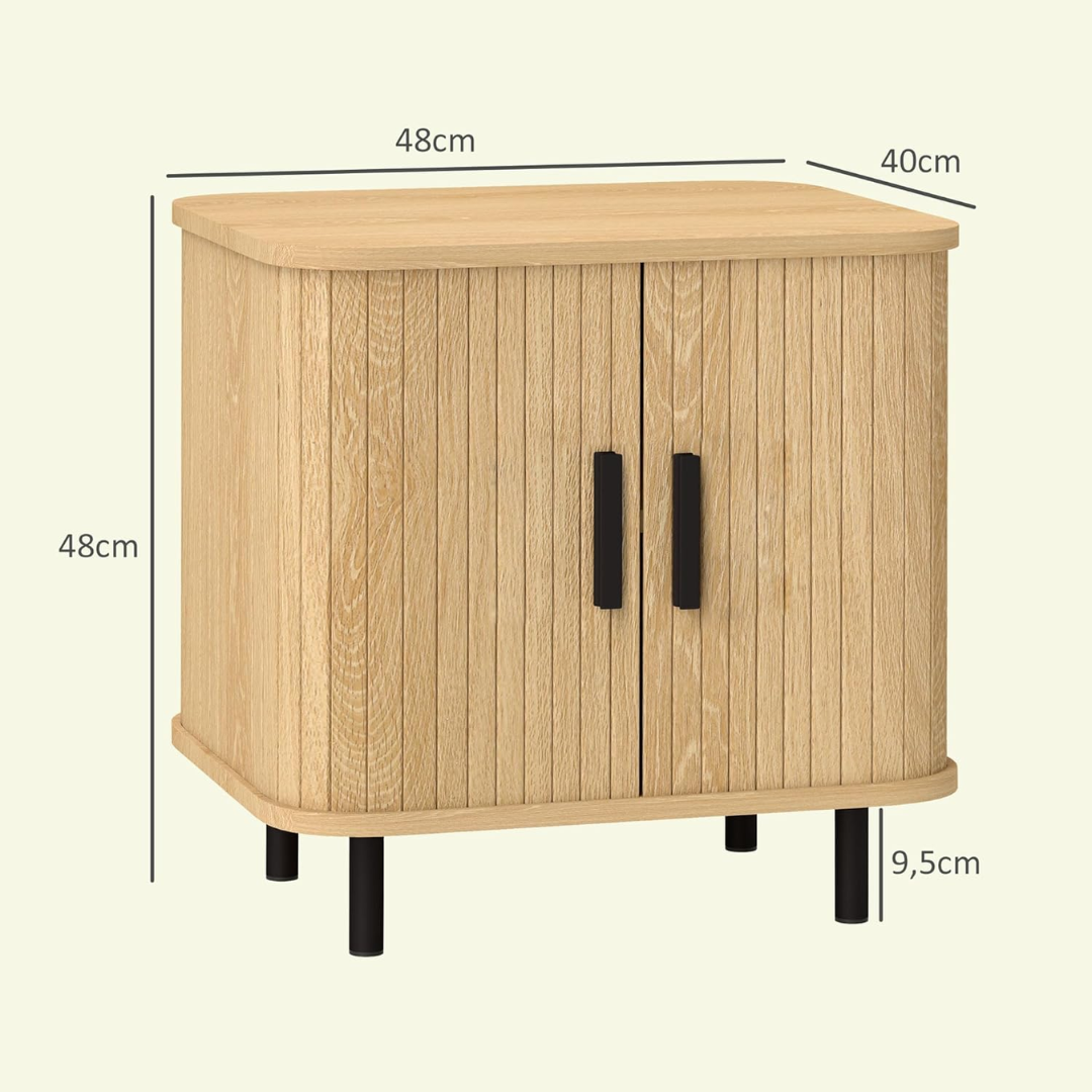 Light Oak Ribbed Bedside Table with dimensions labeled on a beige background