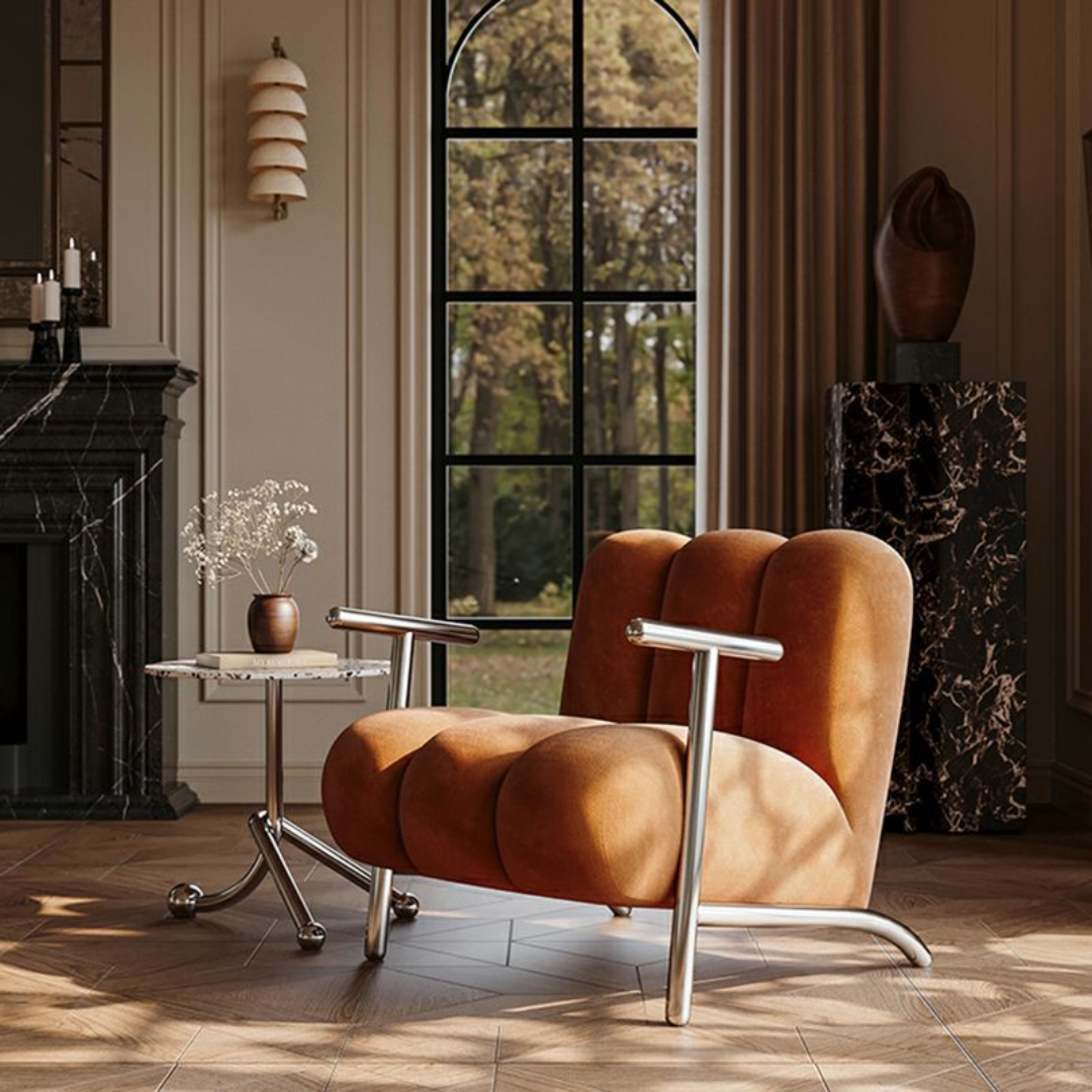 Modern Boucle Accent Chair With Metal Frame in a  stylish room with large windows and decorative elements.