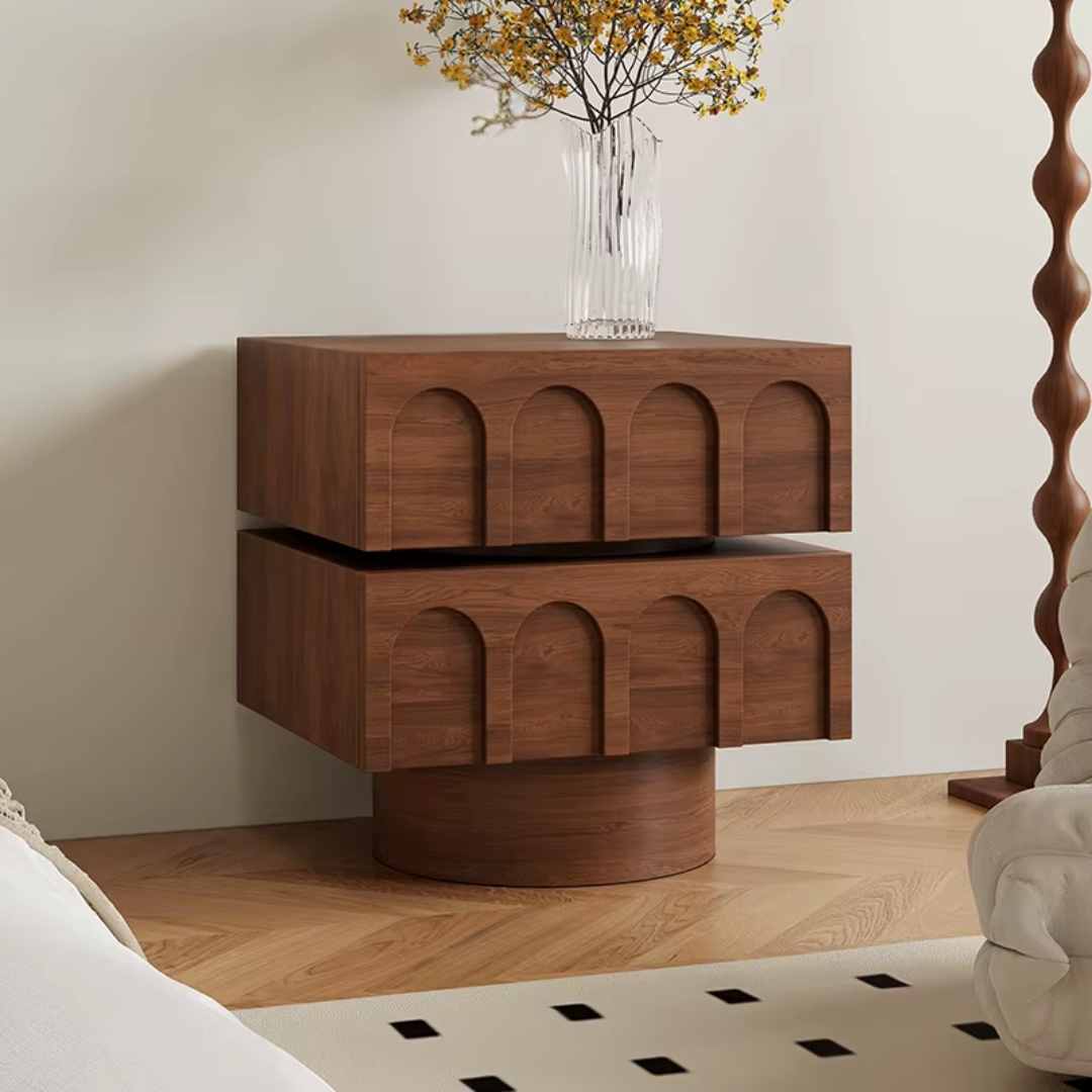 Dark Wood Bedside Table with Carved Drawer Design side view