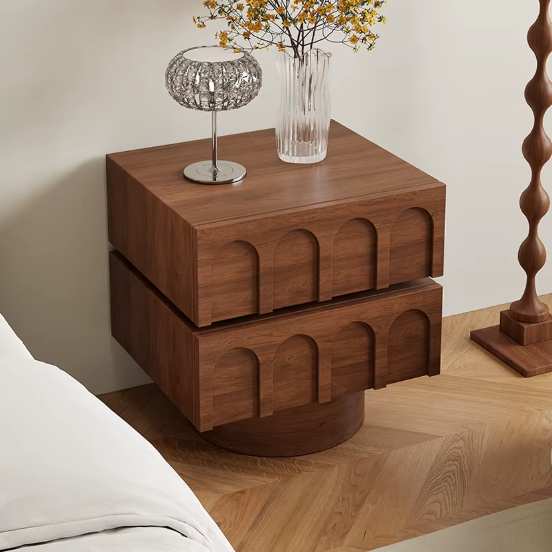Dark Wood Bedside Table with Carved Drawer Design top view