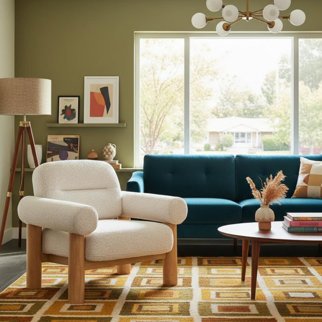 Modern living room with a white boucle accent chair, teal sofa, and colorful rug.