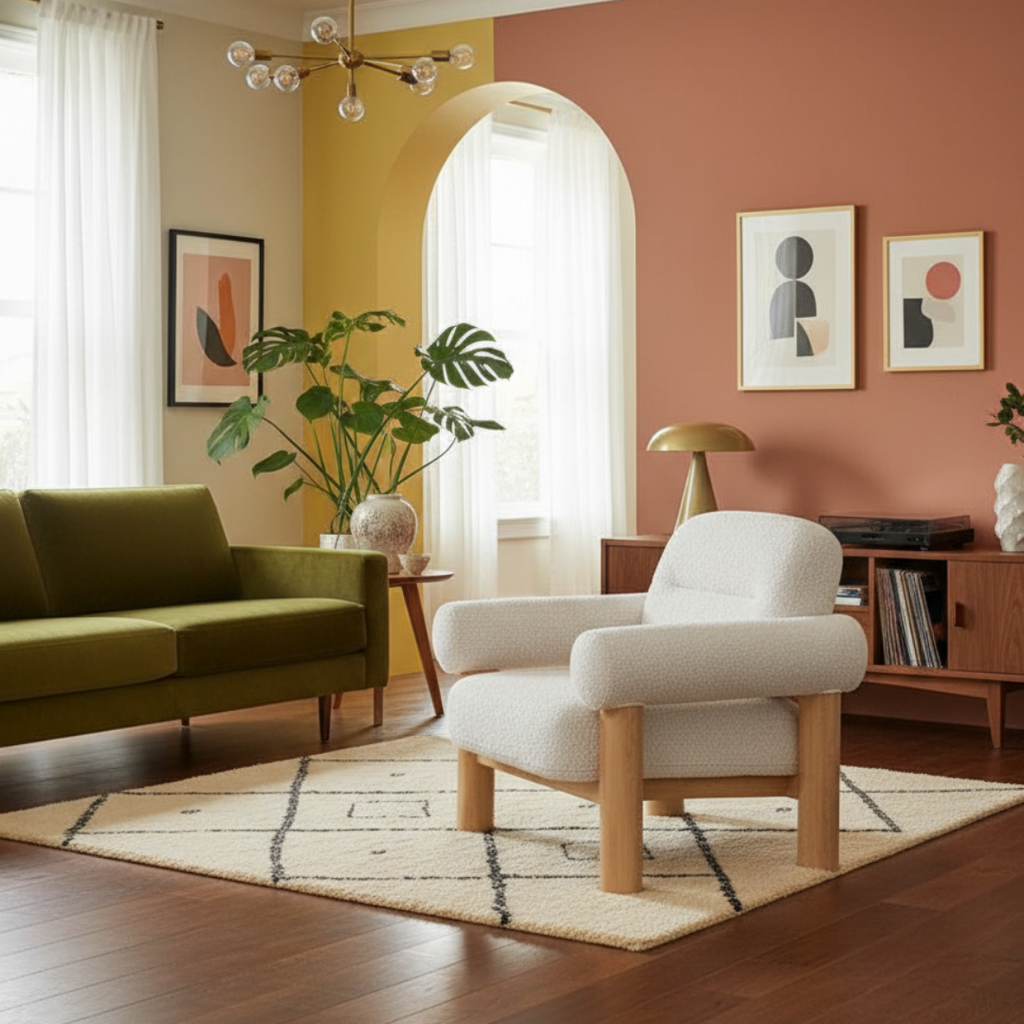 Modern living room with a green sofa, Off White Boucle Occasional Chair and decorative elements.