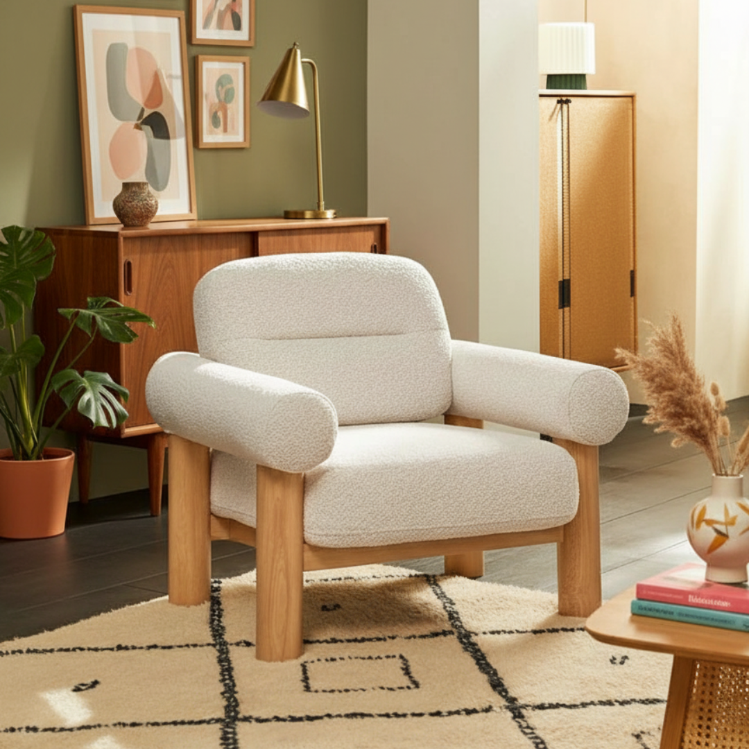 Off White Boucle Occasional Chair in a living room setting with decor elements.