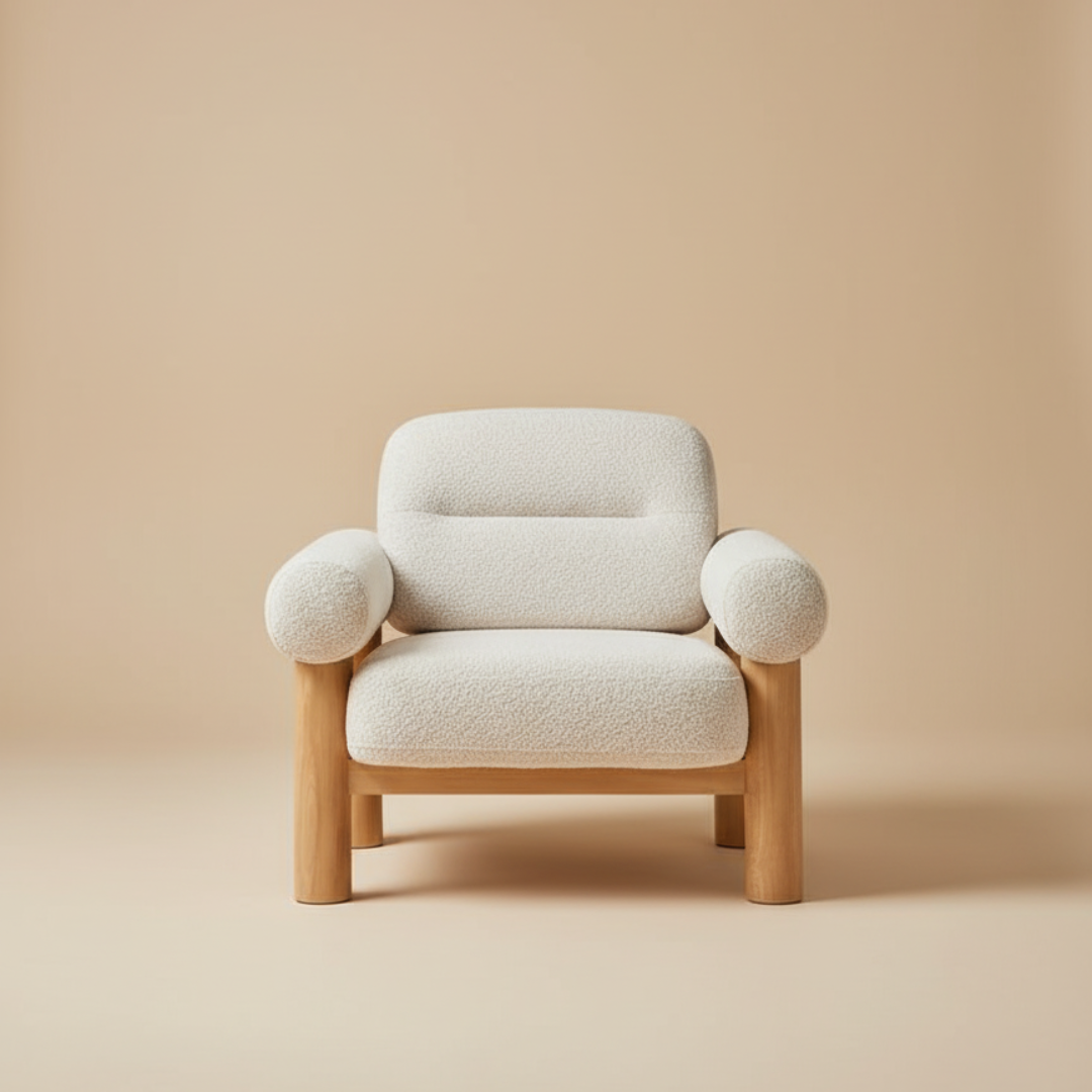Off White Boucle Occasional Chair with wooden legs on a beige background