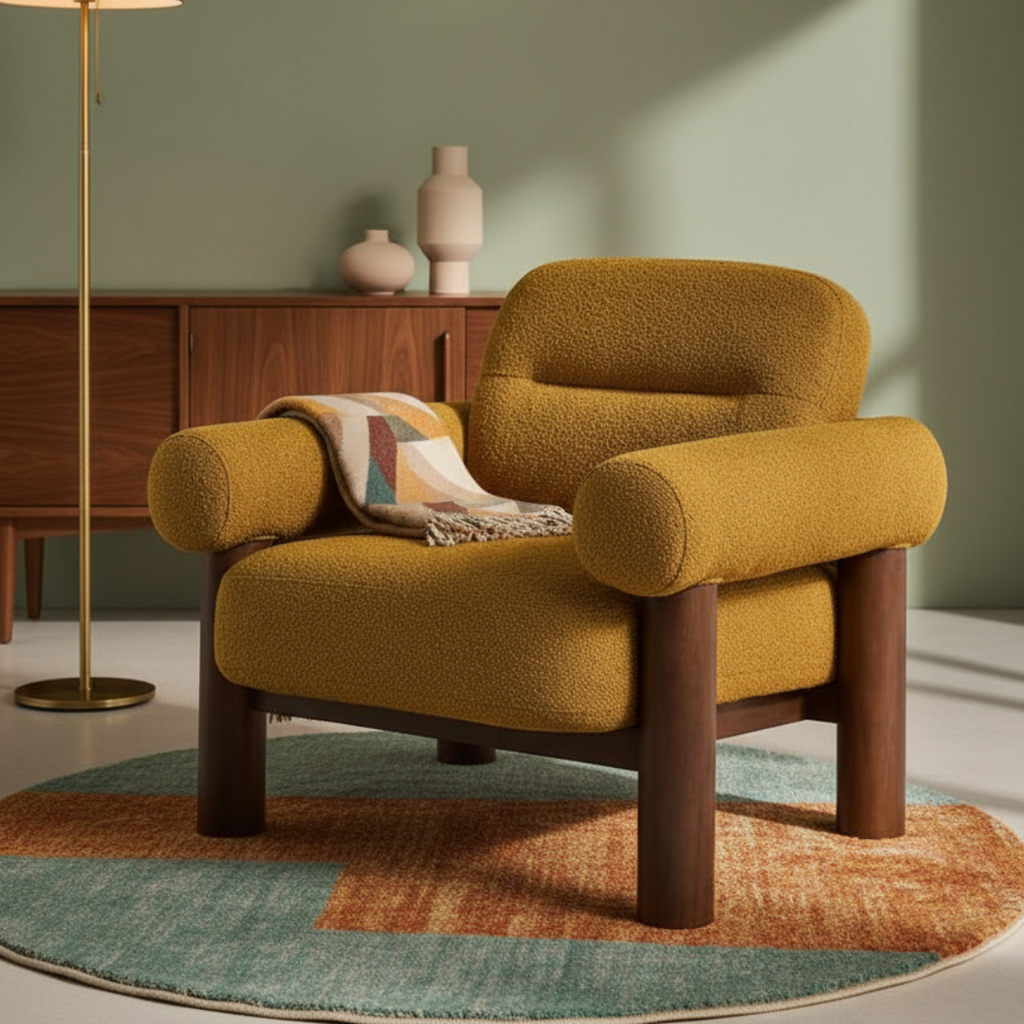  Mustard Yellow Armchair with wooden legs in a room with a green wall and wooden furniture.