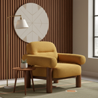  Mustard Yellow Armchair in a room with a round mirror and side table.