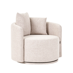 A modern round upholstered accent chair in a light beige textured fabric, featuring two matching back cushions and a slim black circular base, shown against a plain white background.