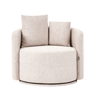 A modern round upholstered swivel armchair in a light beige textured fabric, featuring two matching square back cushions and a slim black circular base trim, shown against a plain white background.